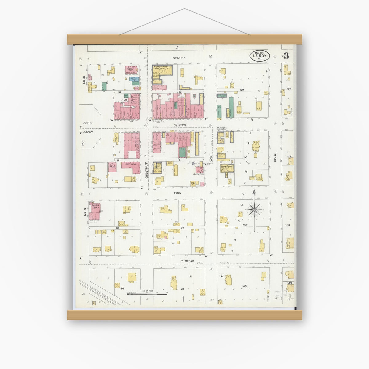 Old map wall art mockup — magnetic wood frame on white wall — Sanborn Fire Insurance Map from Leroy, McLean County, Illinois (1906), Sheet #0003
