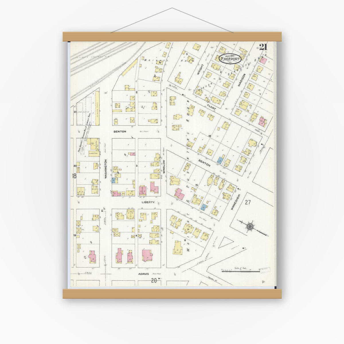 Old map wall art mockup — magnetic wood frame on white wall — Sanborn Fire Insurance Map from Freeport, Stephenson County, Illinois (1910), Sheet #0021