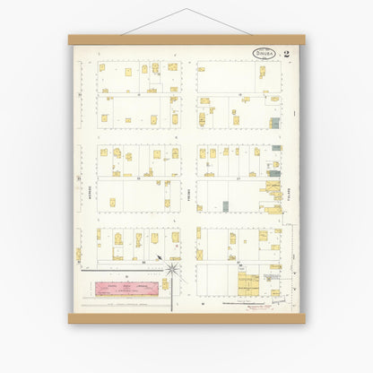 Old map wall art mockup — magnetic wood frame on white wall — Sanborn Fire Insurance Map from Dinuba, Tulare County, California (1903), Sheet #0002