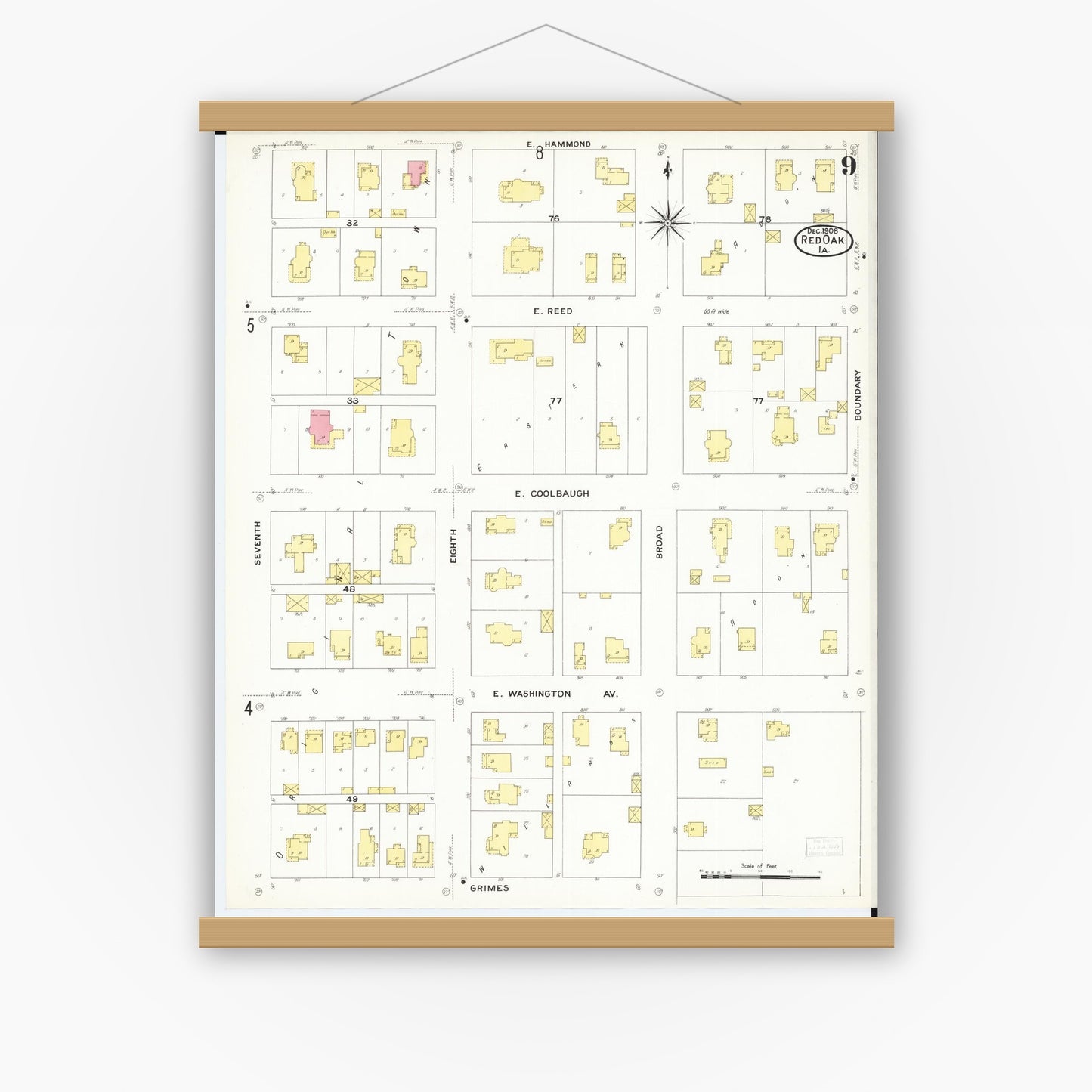Old map wall art mockup — magnetic wood frame on white wall — Sanborn Fire Insurance Map from Red Oak, Montgomery County, Iowa (1908), Sheet #0009