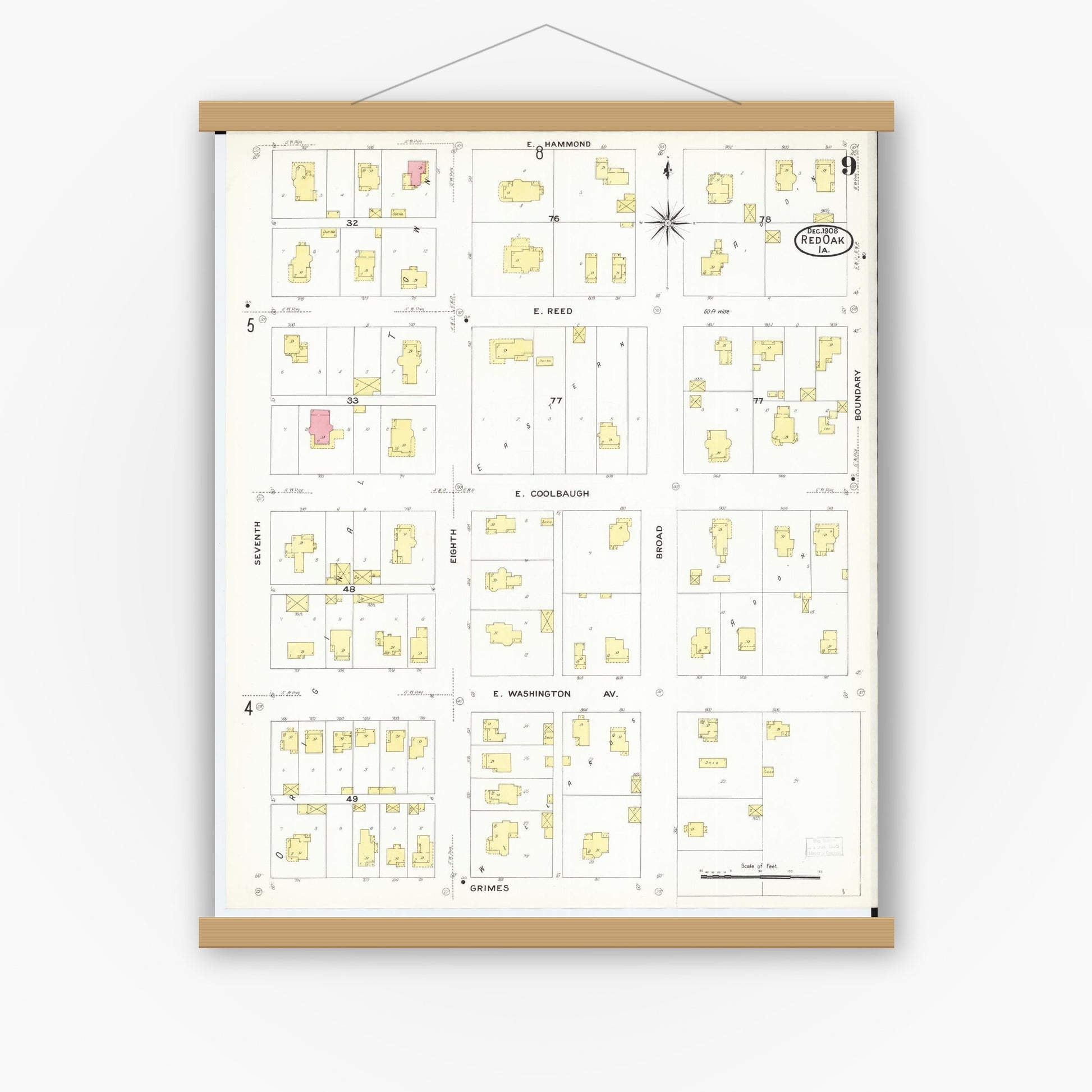 Old map wall art mockup — magnetic wood frame on white wall — Sanborn Fire Insurance Map from Red Oak, Montgomery County, Iowa (1908), Sheet #0009