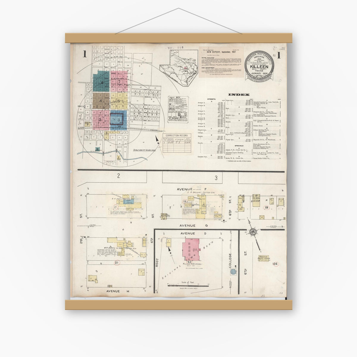 Old map wall art mockup — magnetic wood frame on white wall — Sanborn Fire Insurance Map from Killeen, Bell County, Texas (1937) - Complete Map Set