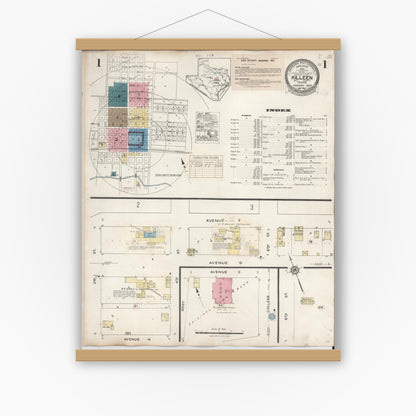 Old map wall art mockup — magnetic wood frame on white wall — Sanborn Fire Insurance Map from Killeen, Bell County, Texas (1937) - Complete Map Set