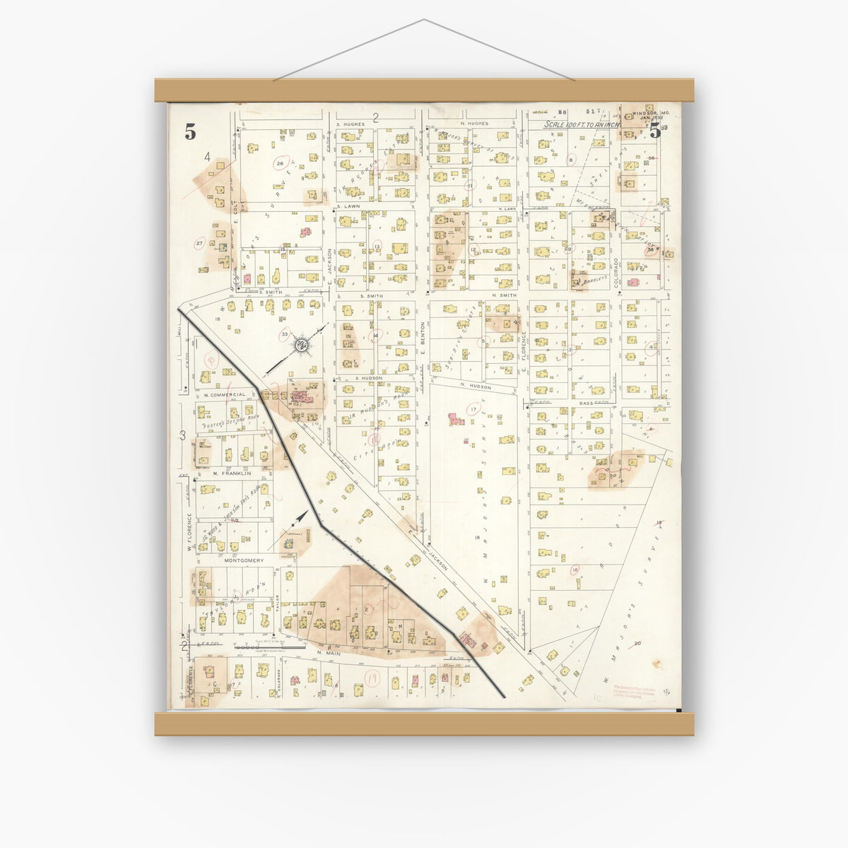 Old map wall art mockup — magnetic wood frame on white wall — Sanborn Fire Insurance Map from Windsor, Henry County, Missouri (1943), Sheet #0005