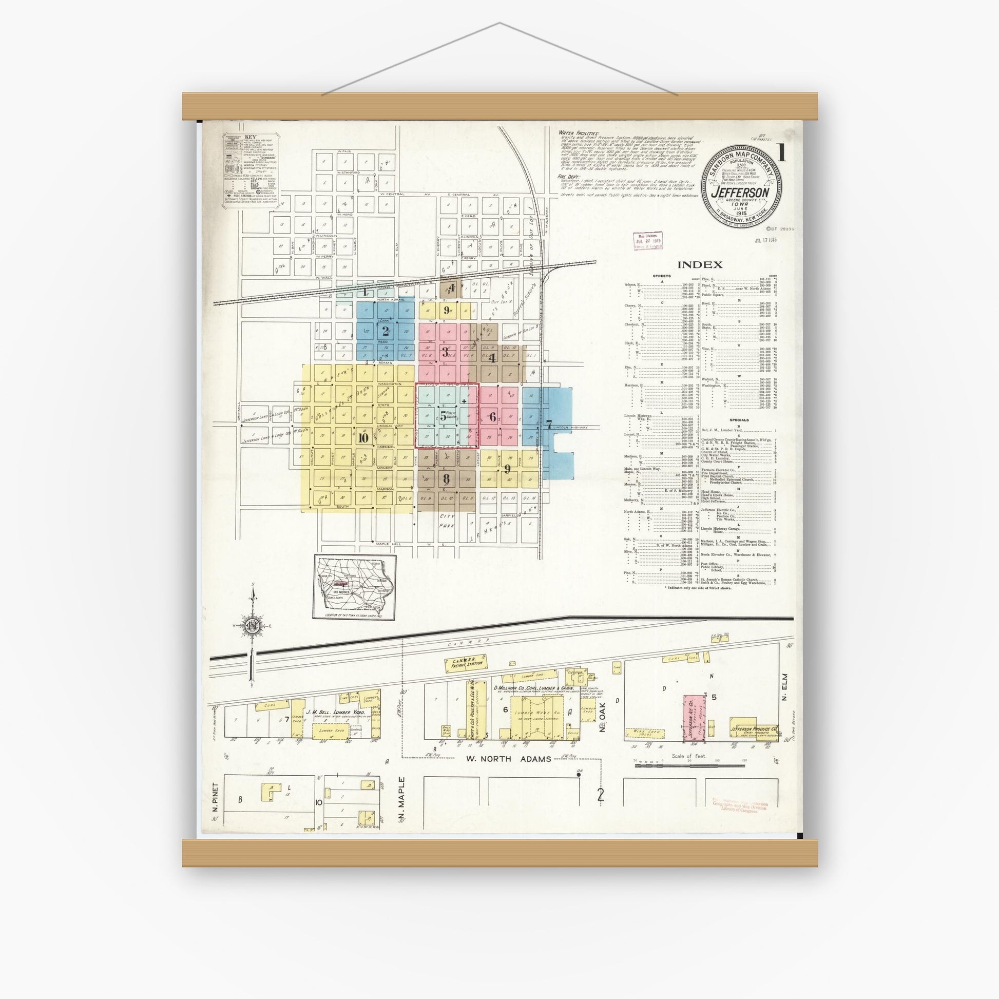 Old map wall art mockup — magnetic wood frame on white wall — Sanborn Fire Insurance Map from Jefferson, Greene County, Iowa (1915) â€” Complete Set