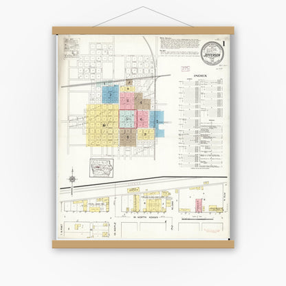 Old map wall art mockup — magnetic wood frame on white wall — Sanborn Fire Insurance Map from Jefferson, Greene County, Iowa (1915) â€” Complete Set