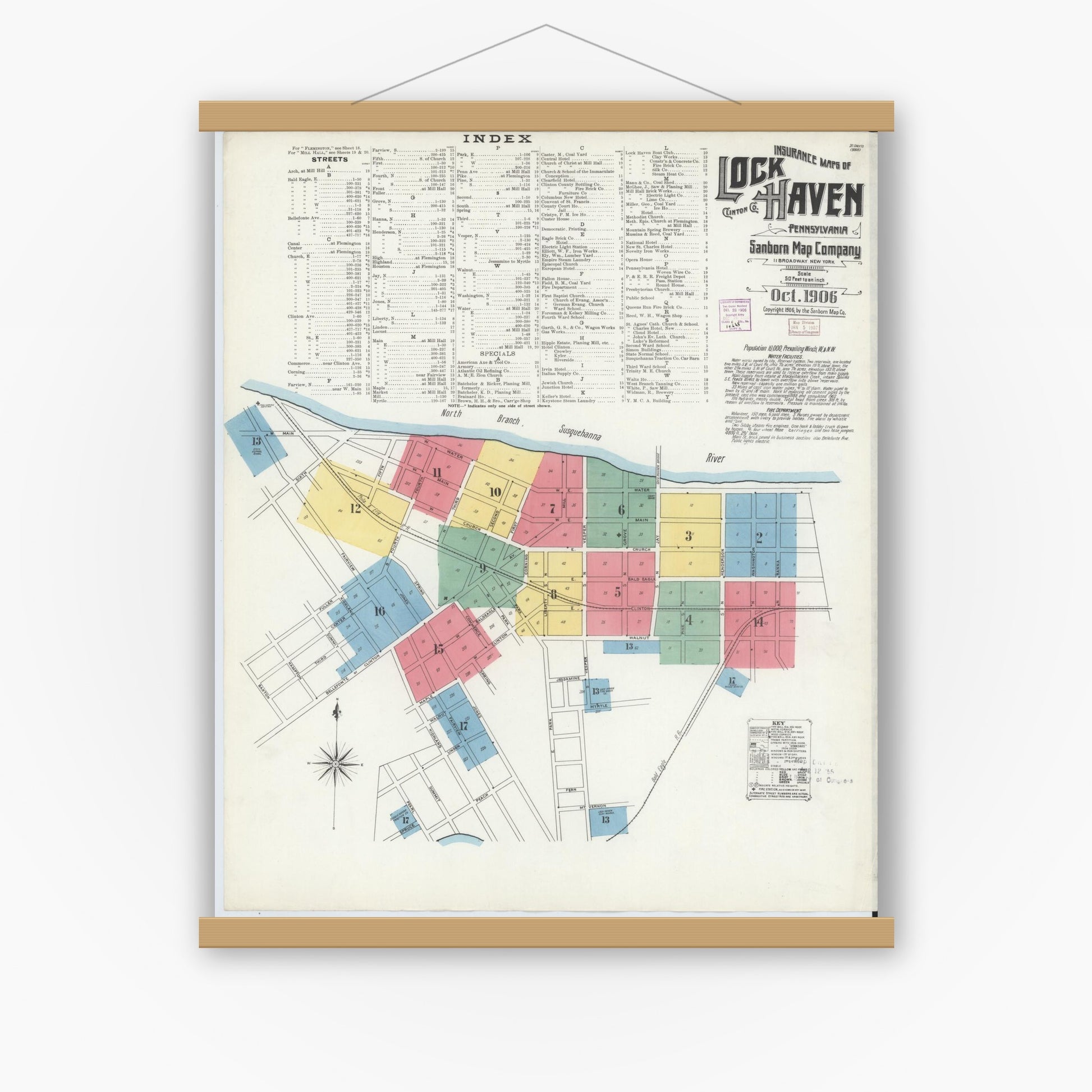 Old map wall art mockup — magnetic wood frame on white wall — Sanborn Fire Insurance Map from Lock Haven, Clinton County, Pennsylvania (1906) - Complete Map Set
