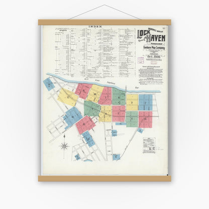 Old map wall art mockup — magnetic wood frame on white wall — Sanborn Fire Insurance Map from Lock Haven, Clinton County, Pennsylvania (1906) - Complete Map Set