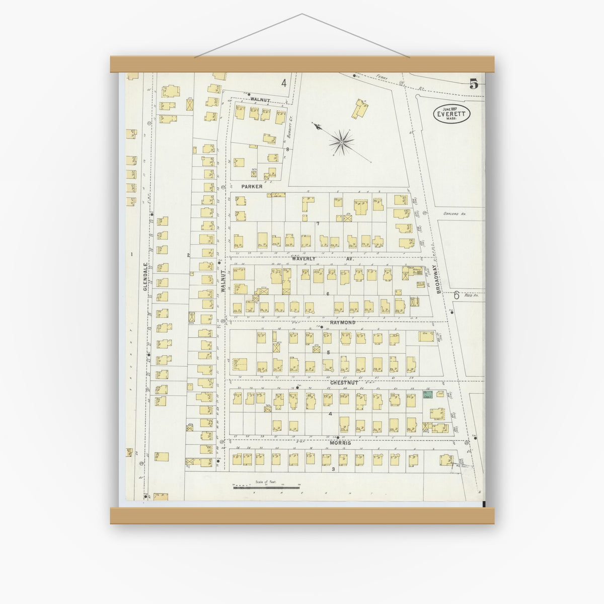 Old map wall art mockup — magnetic wood frame on white wall — Sanborn Fire Insurance Map from Everett, Middlesex County, Massachusetts (1897), Sheet #0005