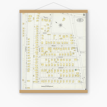 Old map wall art mockup — magnetic wood frame on white wall — Sanborn Fire Insurance Map from Everett, Middlesex County, Massachusetts (1897), Sheet #0005