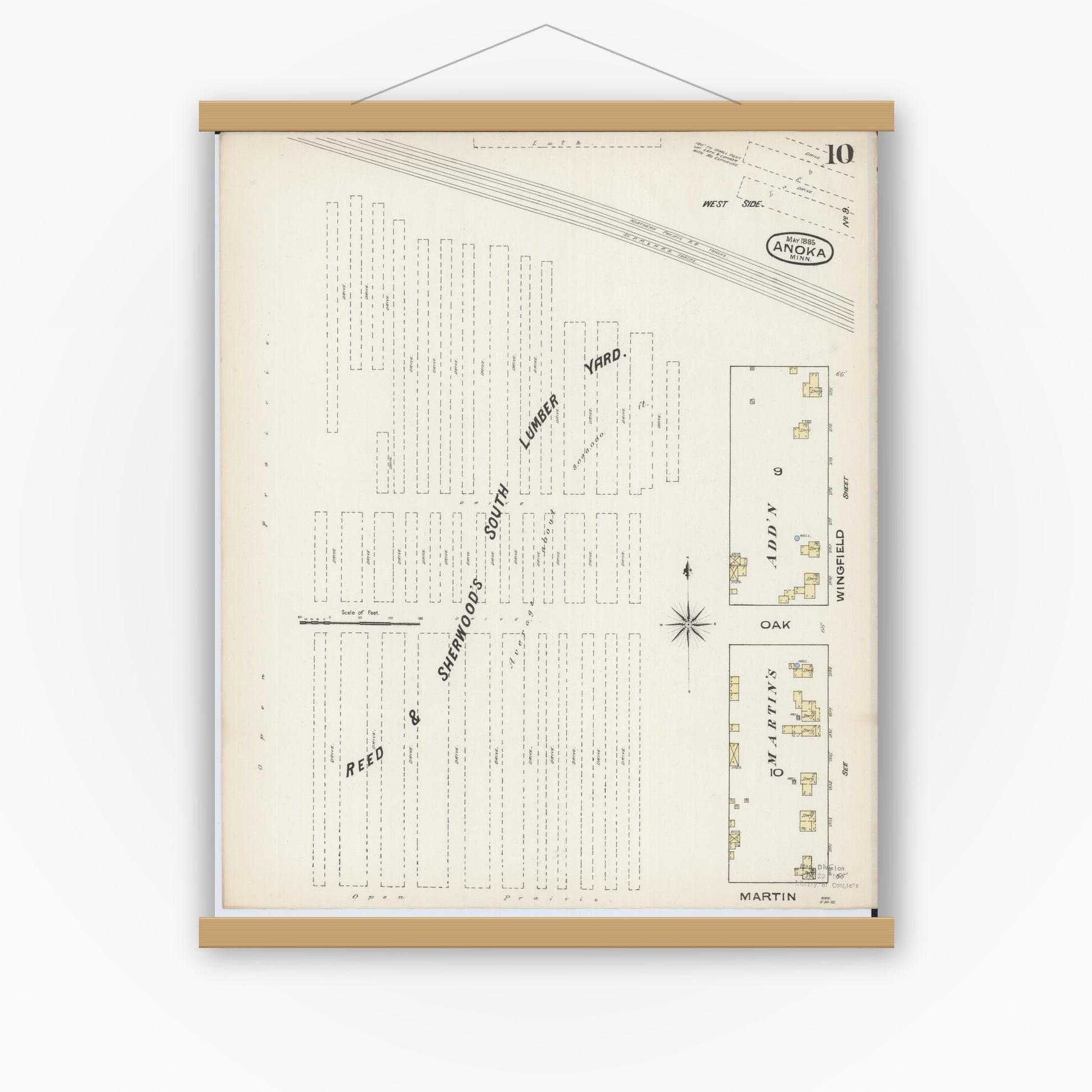 Old map wall art mockup — magnetic wood frame on white wall — Sanborn Fire Insurance Map from Anoka, Anoka County, Minnesota (1885), Sheet #0010