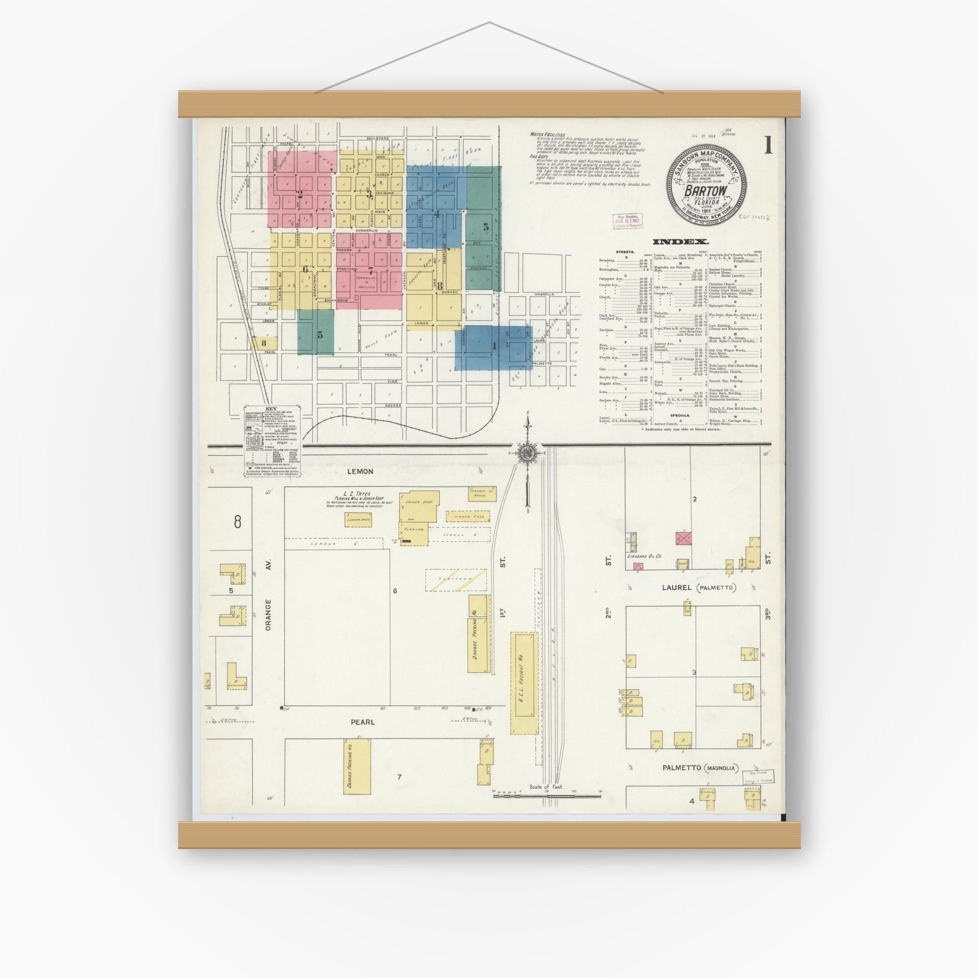 Old map wall art mockup — magnetic wood frame on white wall — Sanborn Fire Insurance Map from Bartow, Polk County, Florida (1911) - Complete Map Set