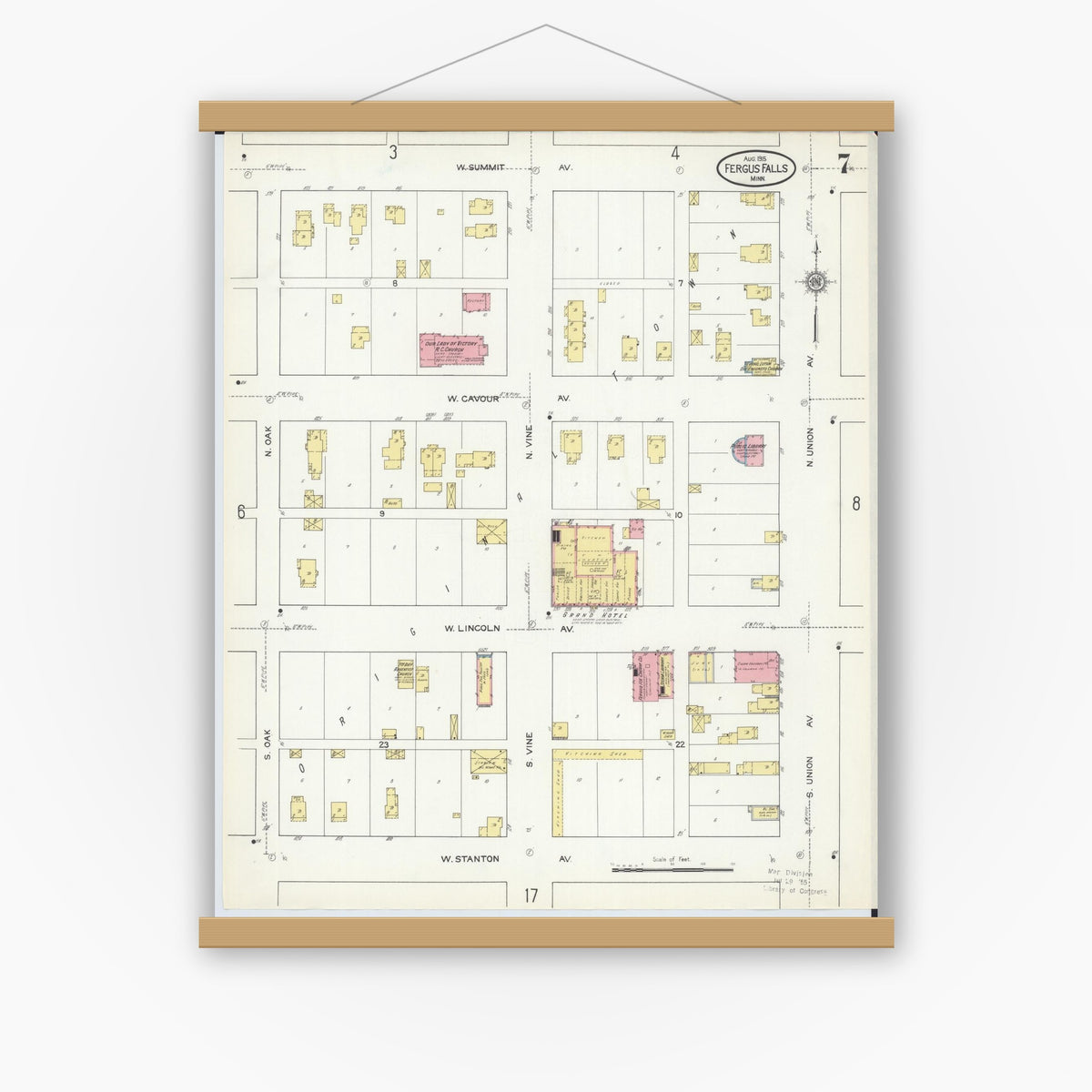 Old map wall art mockup — magnetic wood frame on white wall — Sanborn Fire Insurance Map from Fergus Falls, Otter Tail County, Minnesota (1915), Sheet #0007