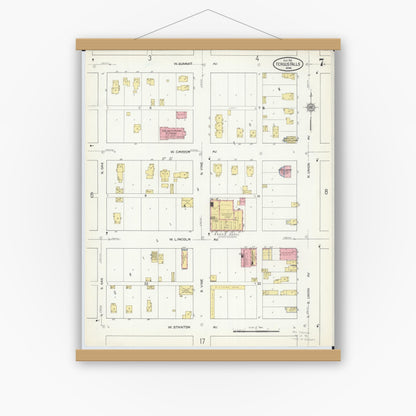 Old map wall art mockup — magnetic wood frame on white wall — Sanborn Fire Insurance Map from Fergus Falls, Otter Tail County, Minnesota (1915), Sheet #0007