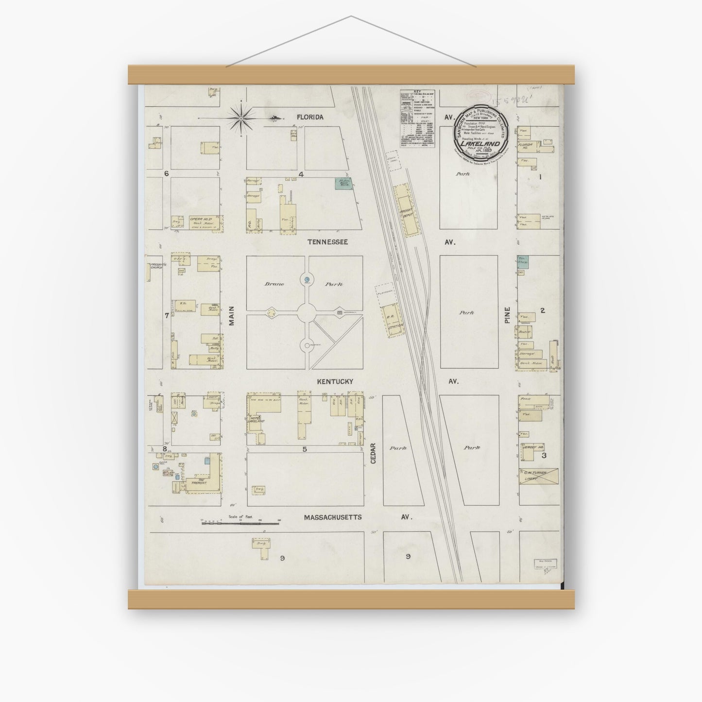 Old map wall art mockup — magnetic wood frame on white wall — Sanborn Fire Insurance Map from Lakeland, Polk County, Florida (1889), Sheet #0001