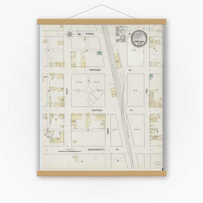 Old map wall art mockup — magnetic wood frame on white wall — Sanborn Fire Insurance Map from Lakeland, Polk County, Florida (1889), Sheet #0001