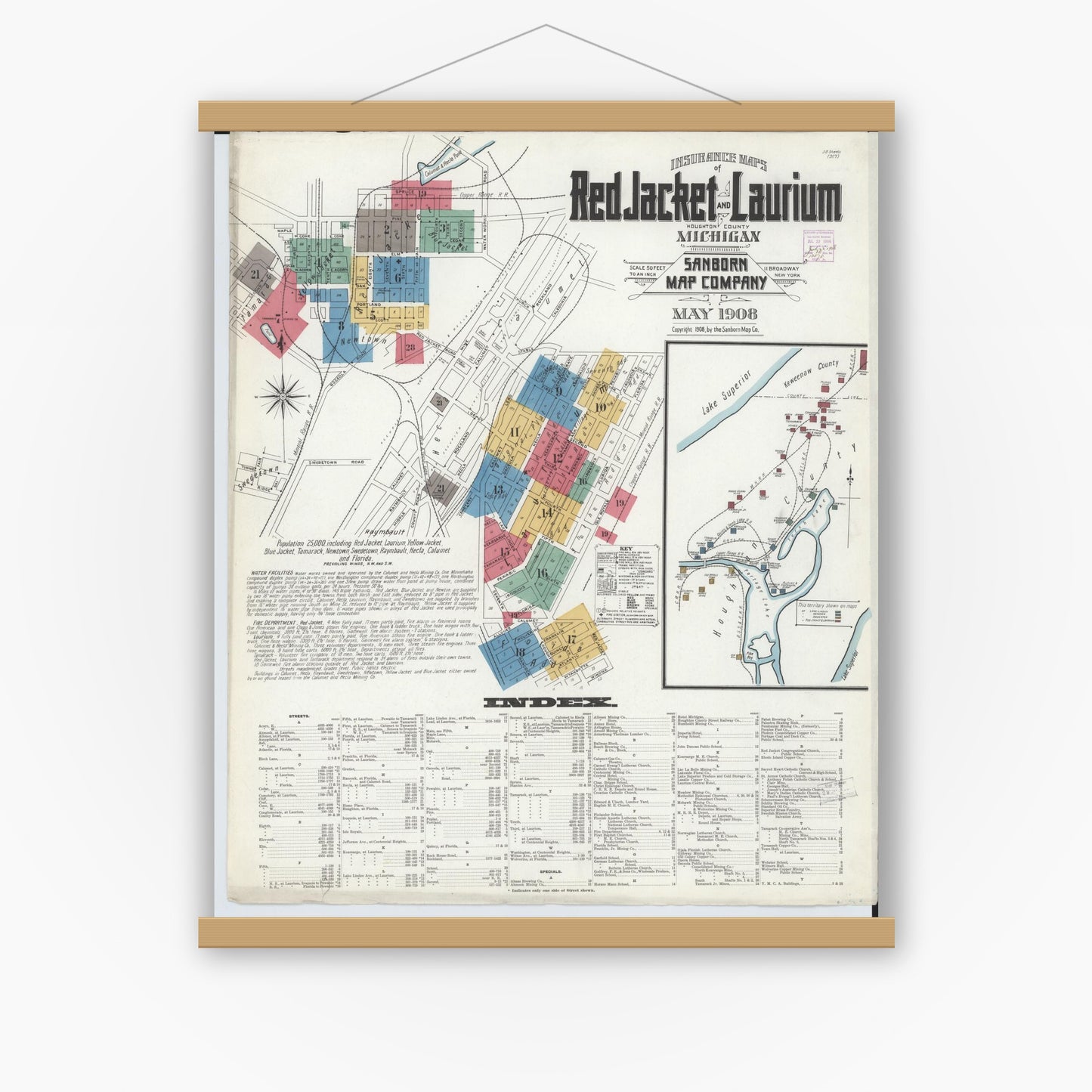 Old map wall art mockup — magnetic wood frame on white wall — Sanborn Fire Insurance Map from Red Jacket, Houghton County, Michigan (1908), Sheet #0001