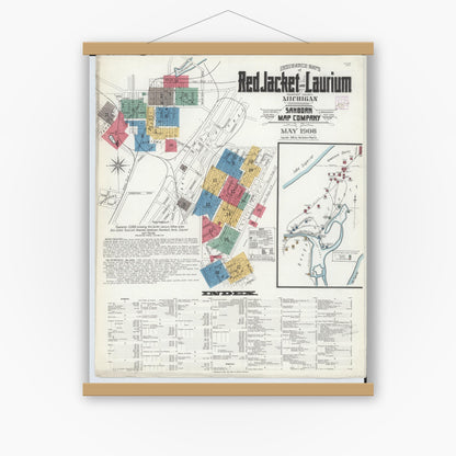 Old map wall art mockup — magnetic wood frame on white wall — Sanborn Fire Insurance Map from Red Jacket, Houghton County, Michigan (1908), Sheet #0001