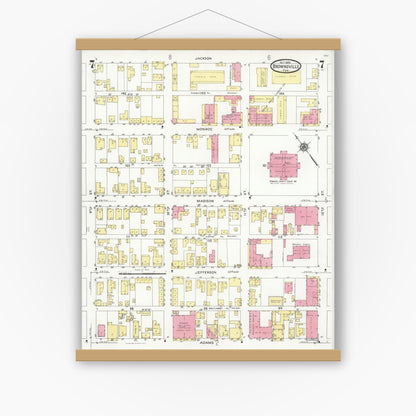Old map wall art mockup — magnetic wood frame on white wall — Sanborn Fire Insurance Map from Brownsville, Cameron County, Texas (1926), Sheet #0007
