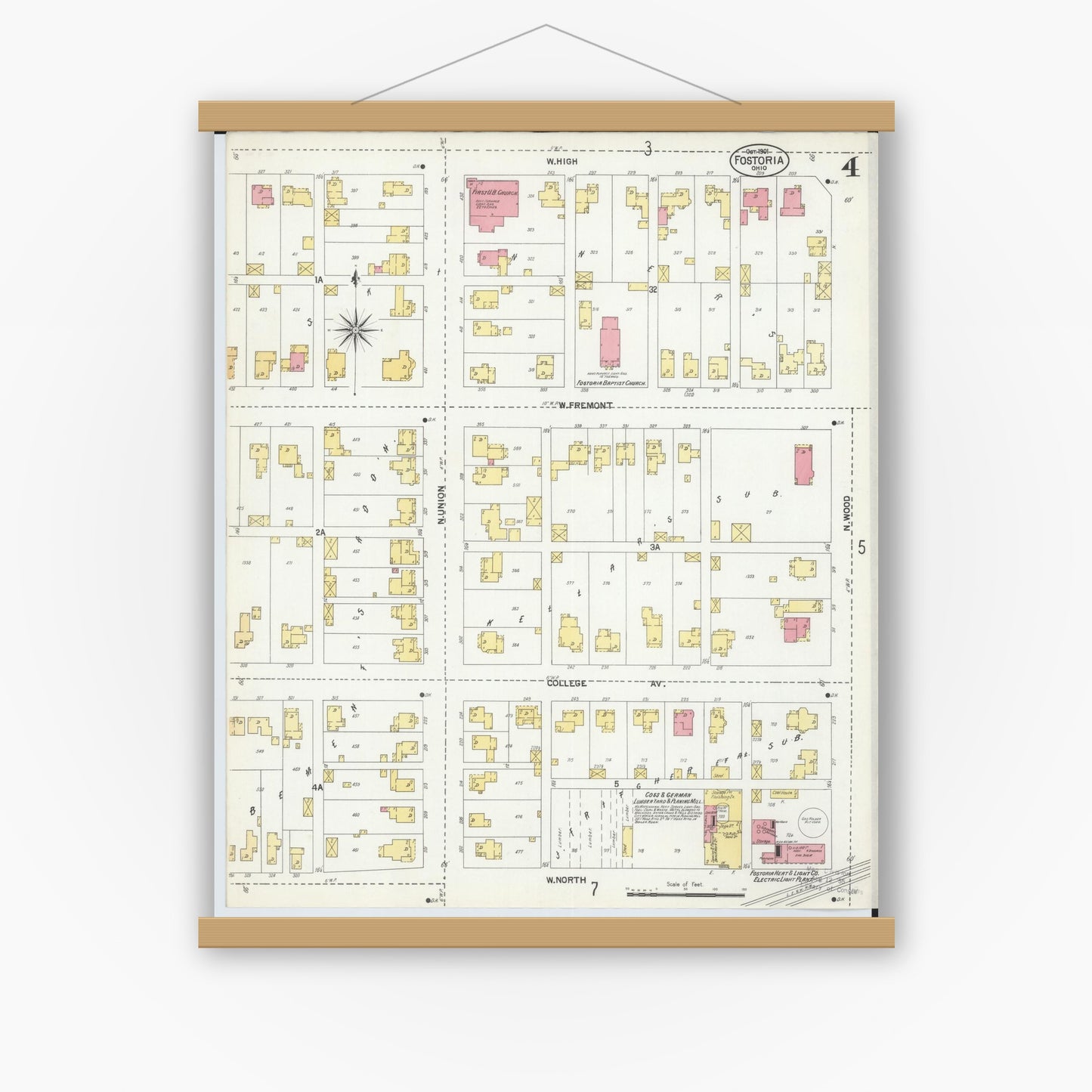 Old map wall art mockup — magnetic wood frame on white wall — Sanborn Fire Insurance Map from Fostoria, Seneca, Hancock, And Wood Counties, Ohio (1901), Sheet #0004