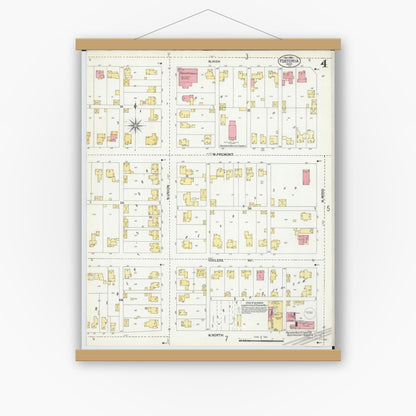 Old map wall art mockup — magnetic wood frame on white wall — Sanborn Fire Insurance Map from Fostoria, Seneca, Hancock, And Wood Counties, Ohio (1901), Sheet #0004