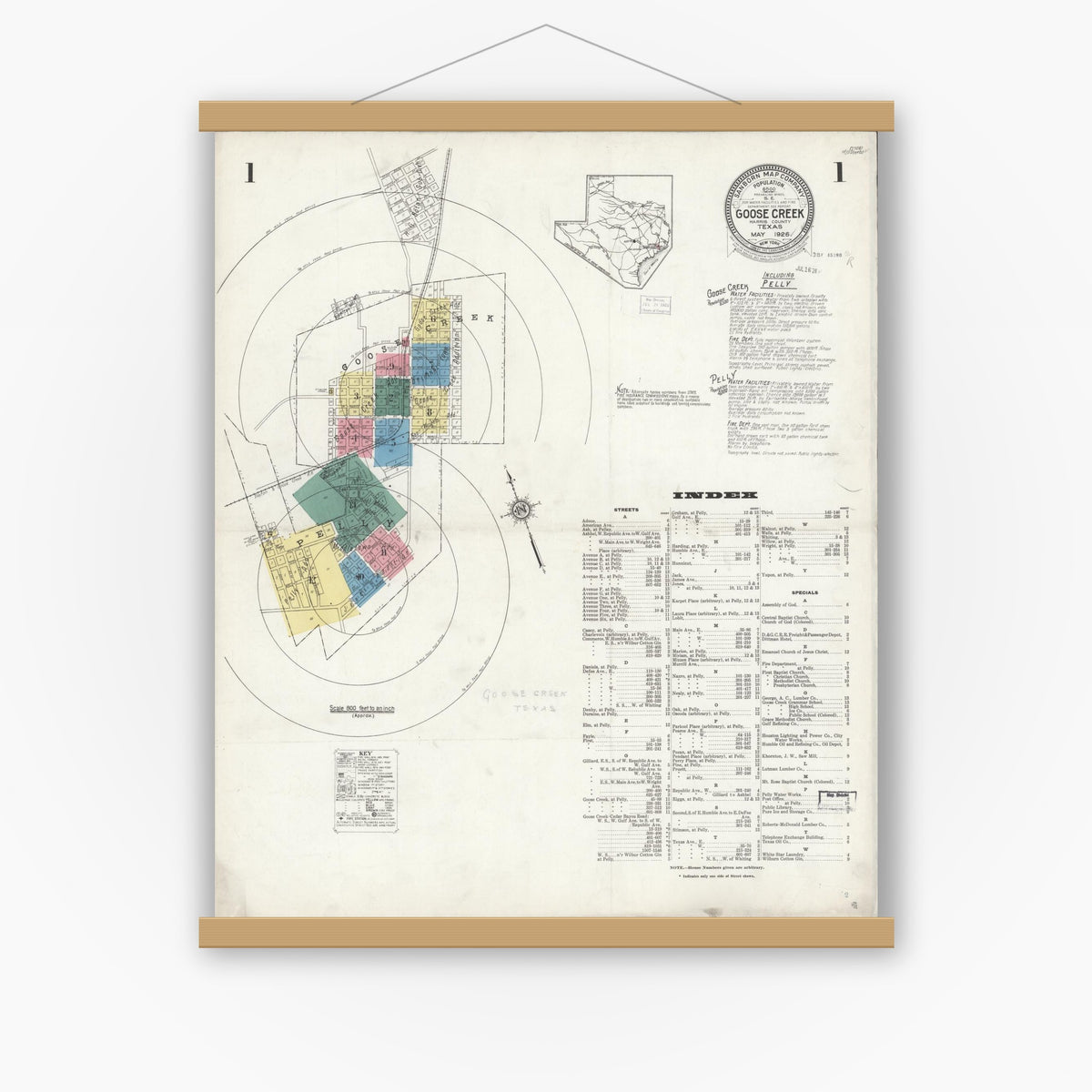 Old map wall art mockup — magnetic wood frame on white wall — Sanborn Fire Insurance Map from Goose Creek, Harris County, Texas (1926) - Complete Map Set