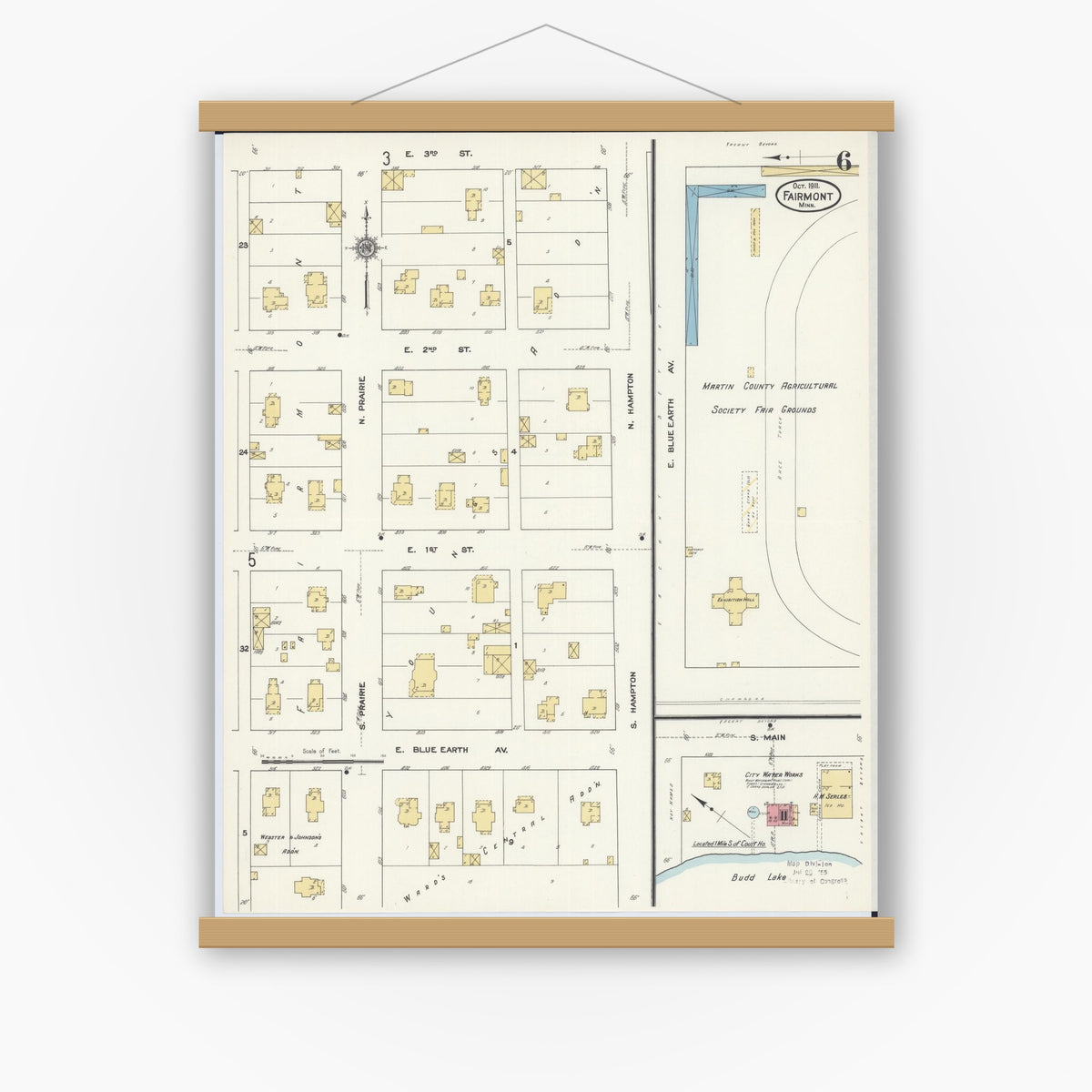 Old map wall art mockup — magnetic wood frame on white wall — Sanborn Fire Insurance Map from Fairmont, Martin County, Minnesota (1911), Sheet #0006