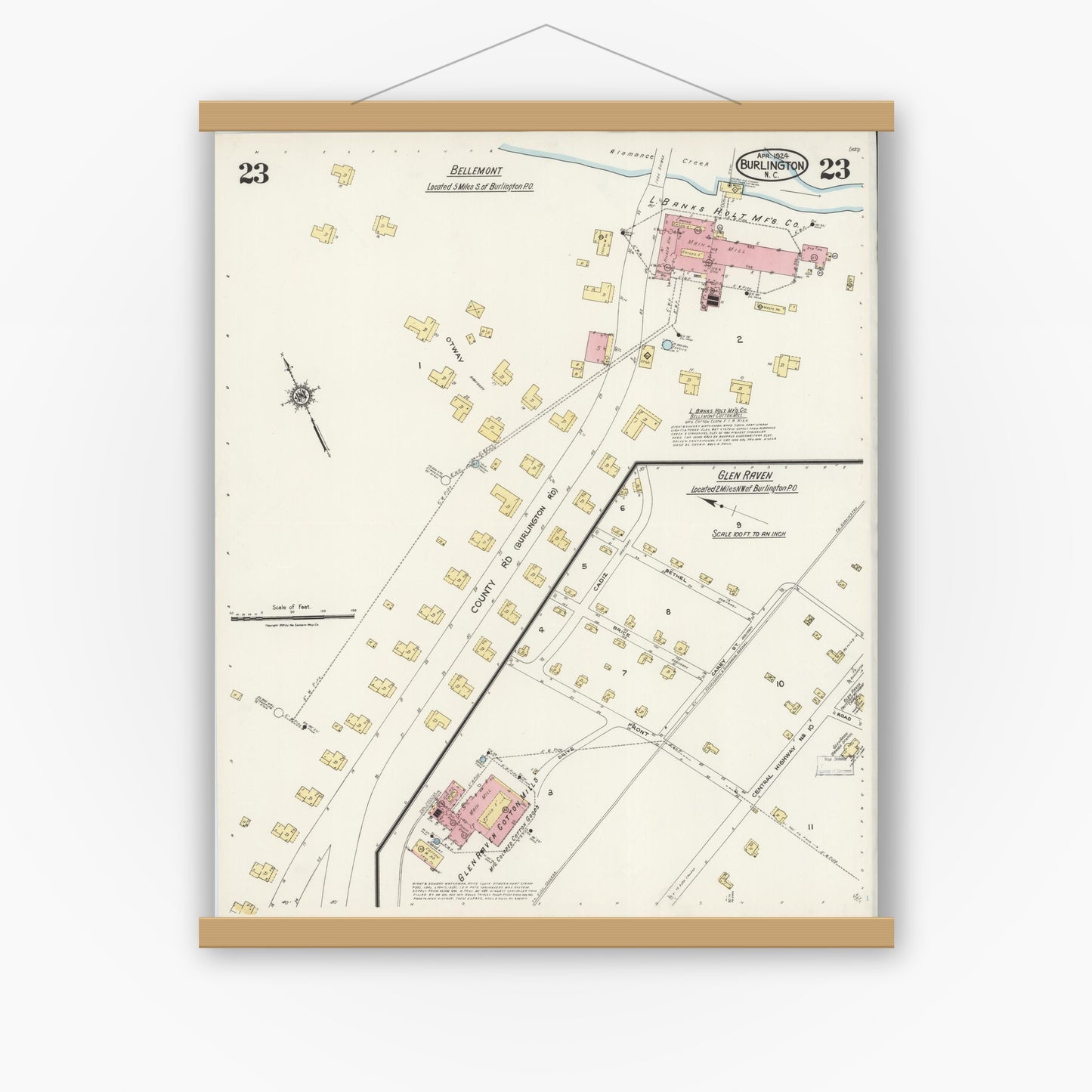 Old map wall art mockup — magnetic wood frame on white wall — Sanborn Fire Insurance Map from Burlington, Alamance County, North Carolina (1924), Sheet #0023
