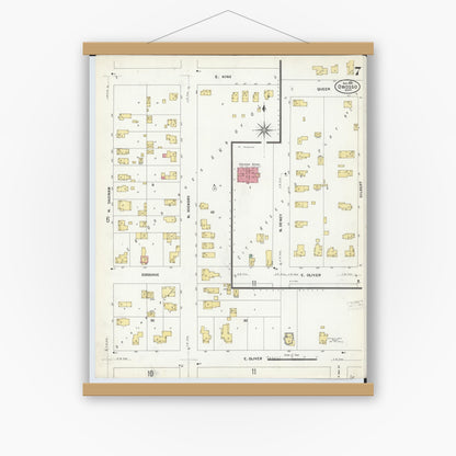 Old map wall art mockup — magnetic wood frame on white wall — Sanborn Fire Insurance Map from Owosso, Shiawassee County, Michigan (1908), Sheet #0007