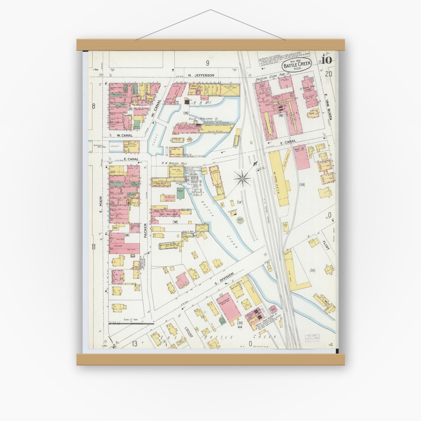 Old map wall art mockup — magnetic wood frame on white wall — Sanborn Fire Insurance Map from Battle Creek, Calhoun County, Michigan (1899), Sheet #0010
