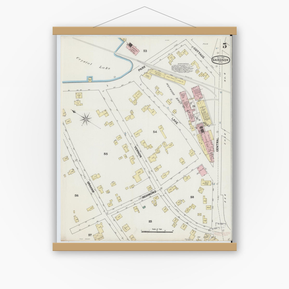 Old map wall art mockup — magnetic wood frame on white wall — Sanborn Fire Insurance Map from Gardner, Worcester County, Massachusetts (1889), Sheet #0005