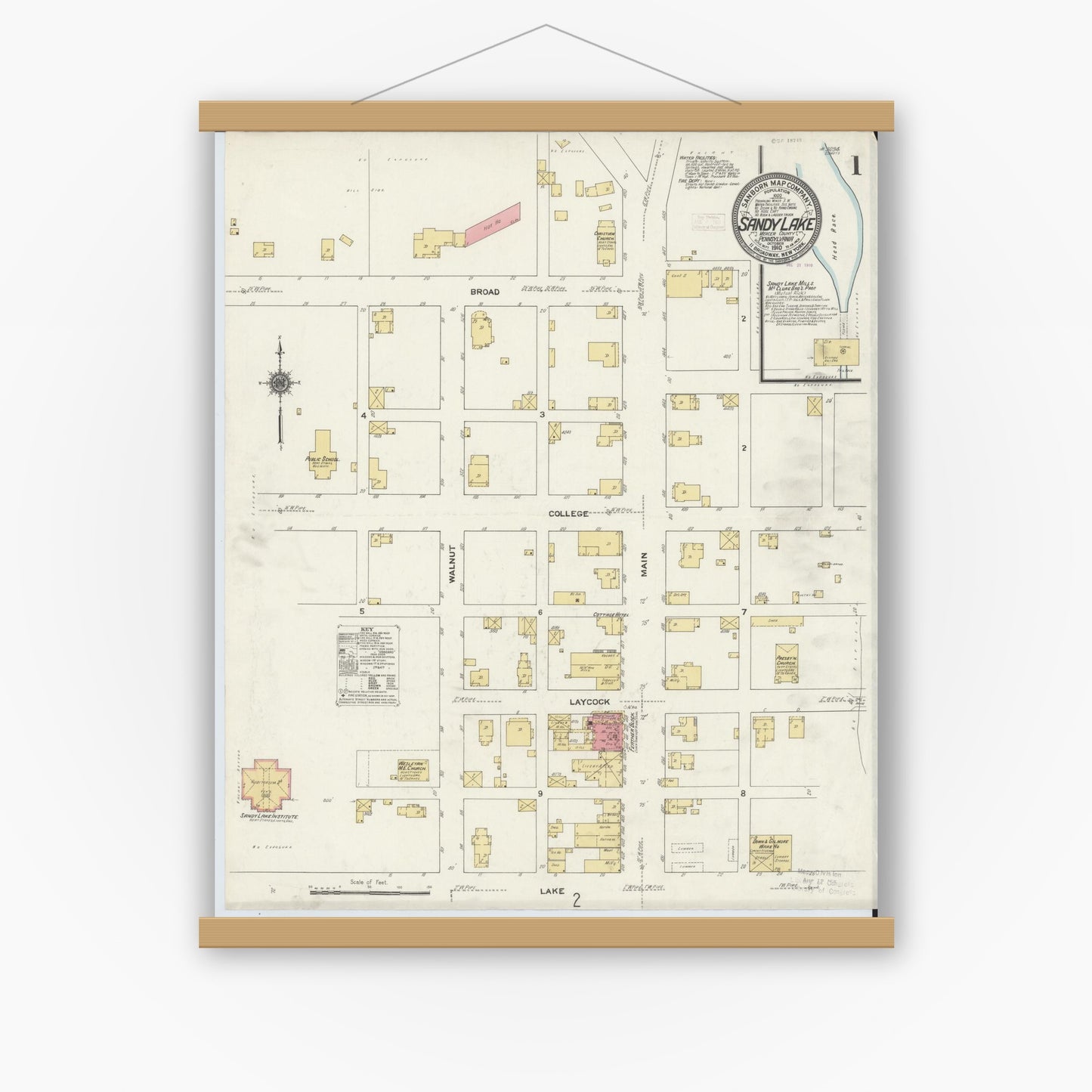 Old map wall art mockup — magnetic wood frame on white wall — Sanborn Fire Insurance Map from Sandy Lake, Mercer County, Pennsylvania (1910), Sheet #0001