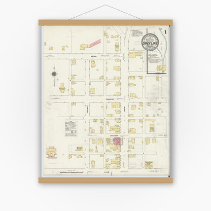 Old map wall art mockup — magnetic wood frame on white wall — Sanborn Fire Insurance Map from Sandy Lake, Mercer County, Pennsylvania (1910), Sheet #0001