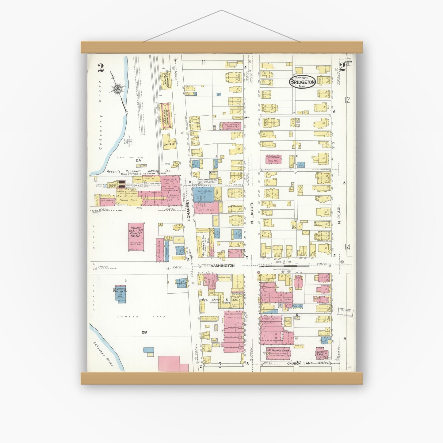 Old map wall art mockup — magnetic wood frame on white wall — Sanborn Fire Insurance Map from Bridgeton, Cumberland County, New Jersey (1923), Sheet #0002
