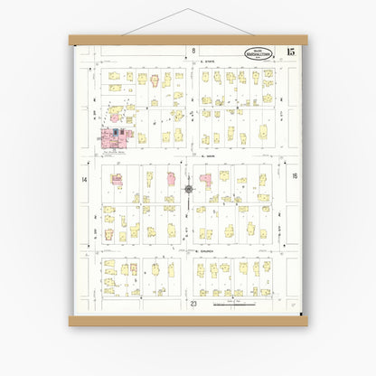 Old map wall art mockup — magnetic wood frame on white wall — Sanborn Fire Insurance Map from Marshalltown, Marshall County, Iowa (1910), Sheet #0015