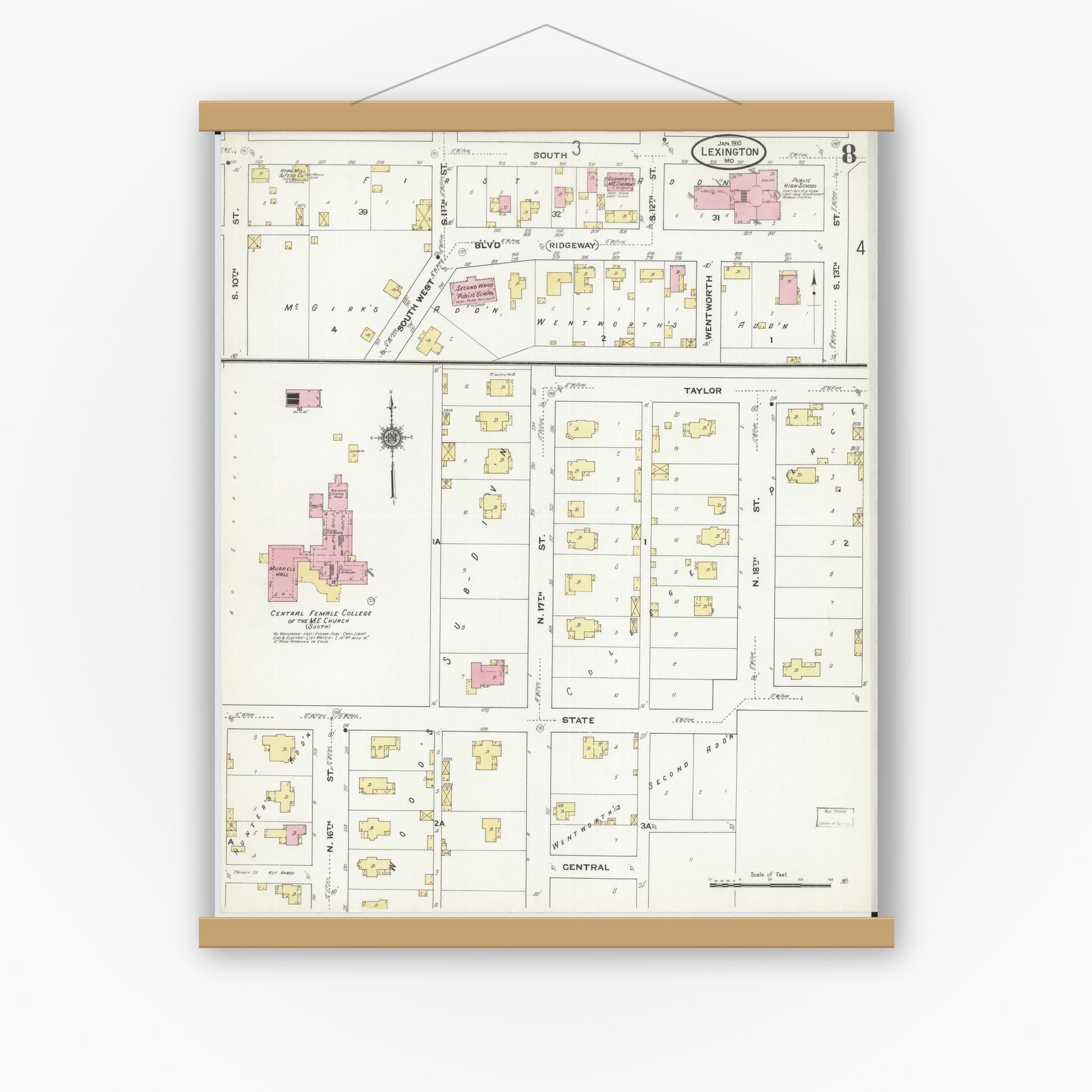 Old map wall art mockup — magnetic wood frame on white wall — Sanborn Fire Insurance Map from Lexington, Lafayette County, Missouri (1910), Sheet #0008