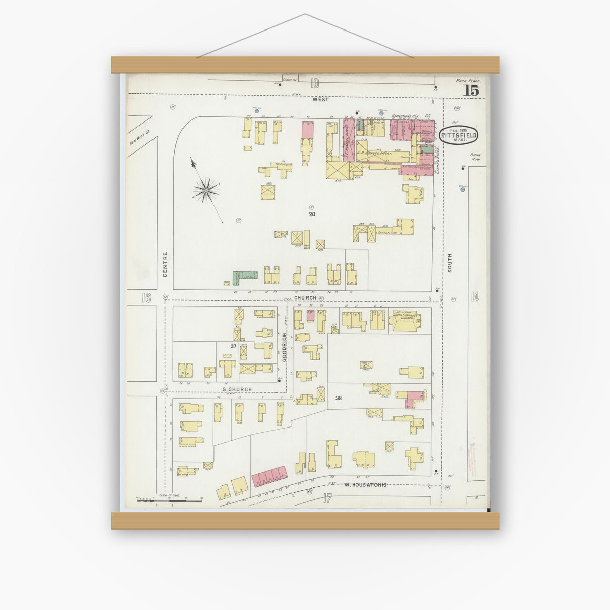 Old map wall art mockup — magnetic wood frame on white wall — Sanborn Fire Insurance Map from Pittsfield, Berkshire County, Massachusetts (1895), Sheet #0015