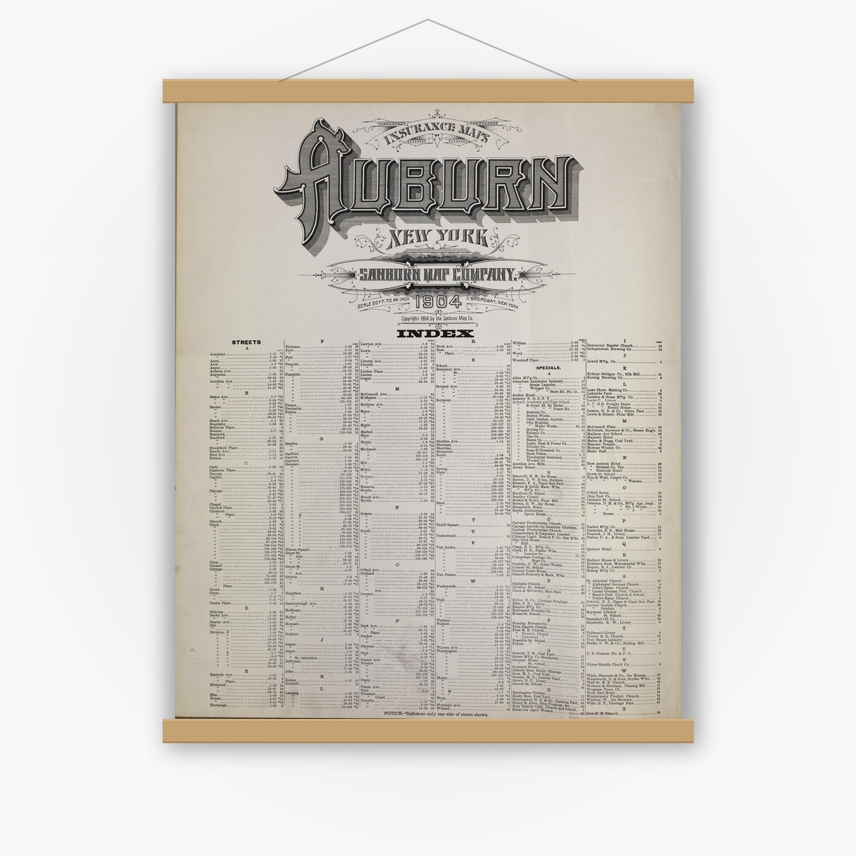 Old map wall art mockup — magnetic wood frame on white wall — Sanborn Fire Insurance Map from Auburn, Cayuga County, New York (1904), Sheet #0001