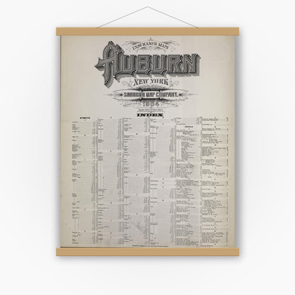 Old map wall art mockup — magnetic wood frame on white wall — Sanborn Fire Insurance Map from Auburn, Cayuga County, New York (1904), Sheet #0001