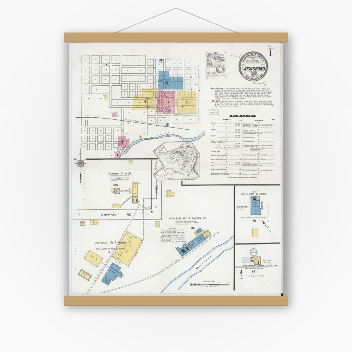 Old map wall art mockup — magnetic wood frame on white wall — Sanborn Fire Insurance Map from Jacksboro, Jack County, Texas (1921), Sheet #0001