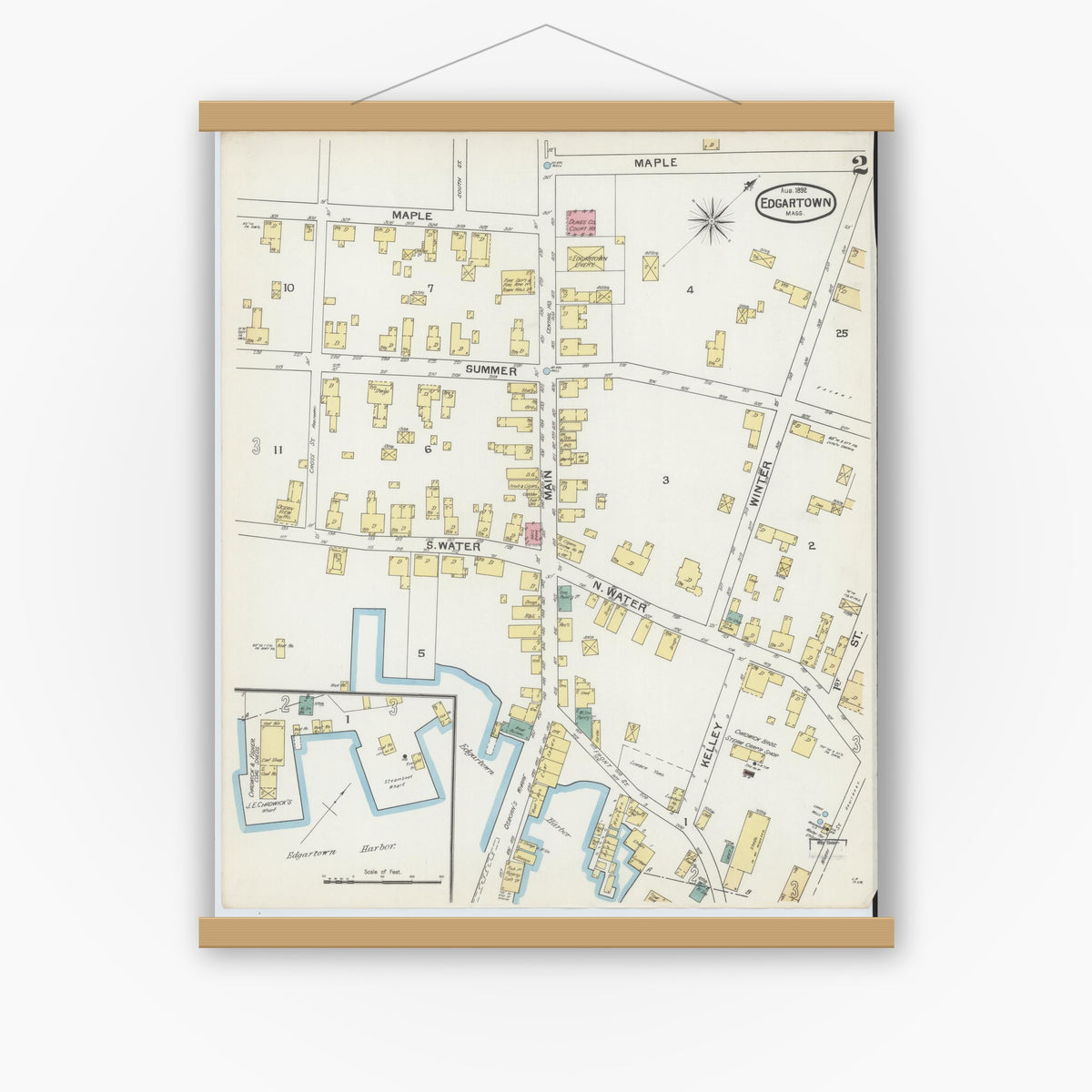 Old map wall art mockup — magnetic wood frame on white wall — Sanborn Fire Insurance Map from Edgartown, Dukes County, Massachusetts (1892), Sheet #0002
