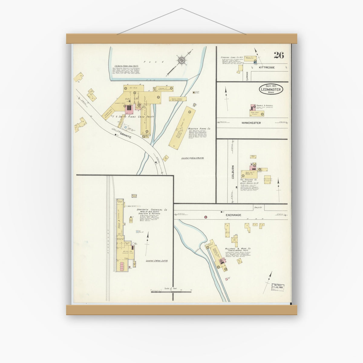Old map wall art mockup — magnetic wood frame on white wall — Sanborn Fire Insurance Map from Leominster, Worcester County, Massachusetts (1912), Sheet #0026