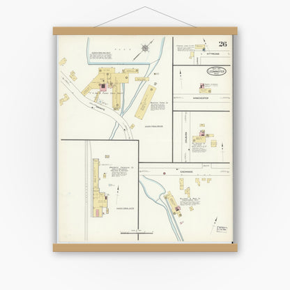 Old map wall art mockup — magnetic wood frame on white wall — Sanborn Fire Insurance Map from Leominster, Worcester County, Massachusetts (1912), Sheet #0026