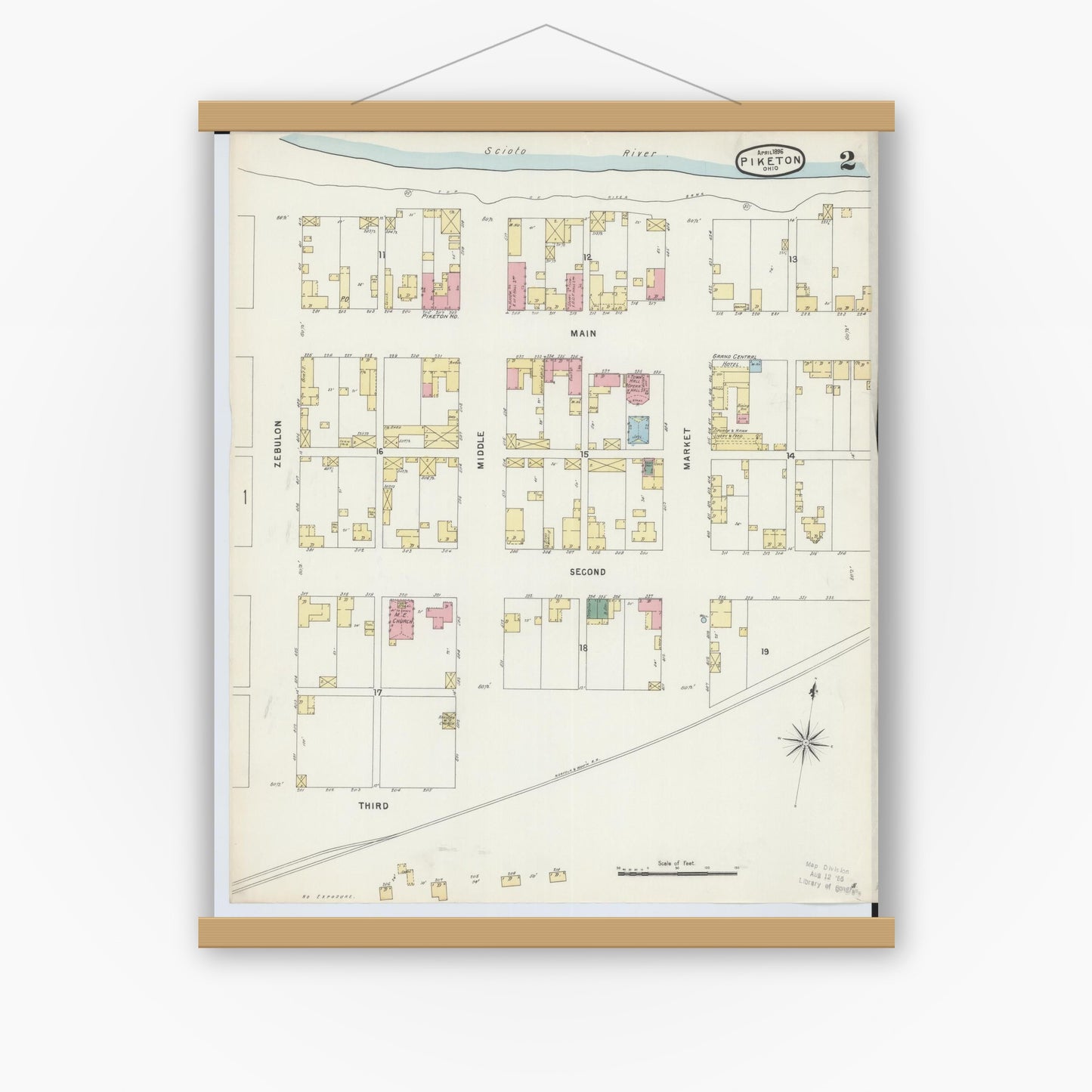 Old map wall art mockup — magnetic wood frame on white wall — Sanborn Fire Insurance Map from Piketon, Pike County, Ohio (1896), Sheet #0002