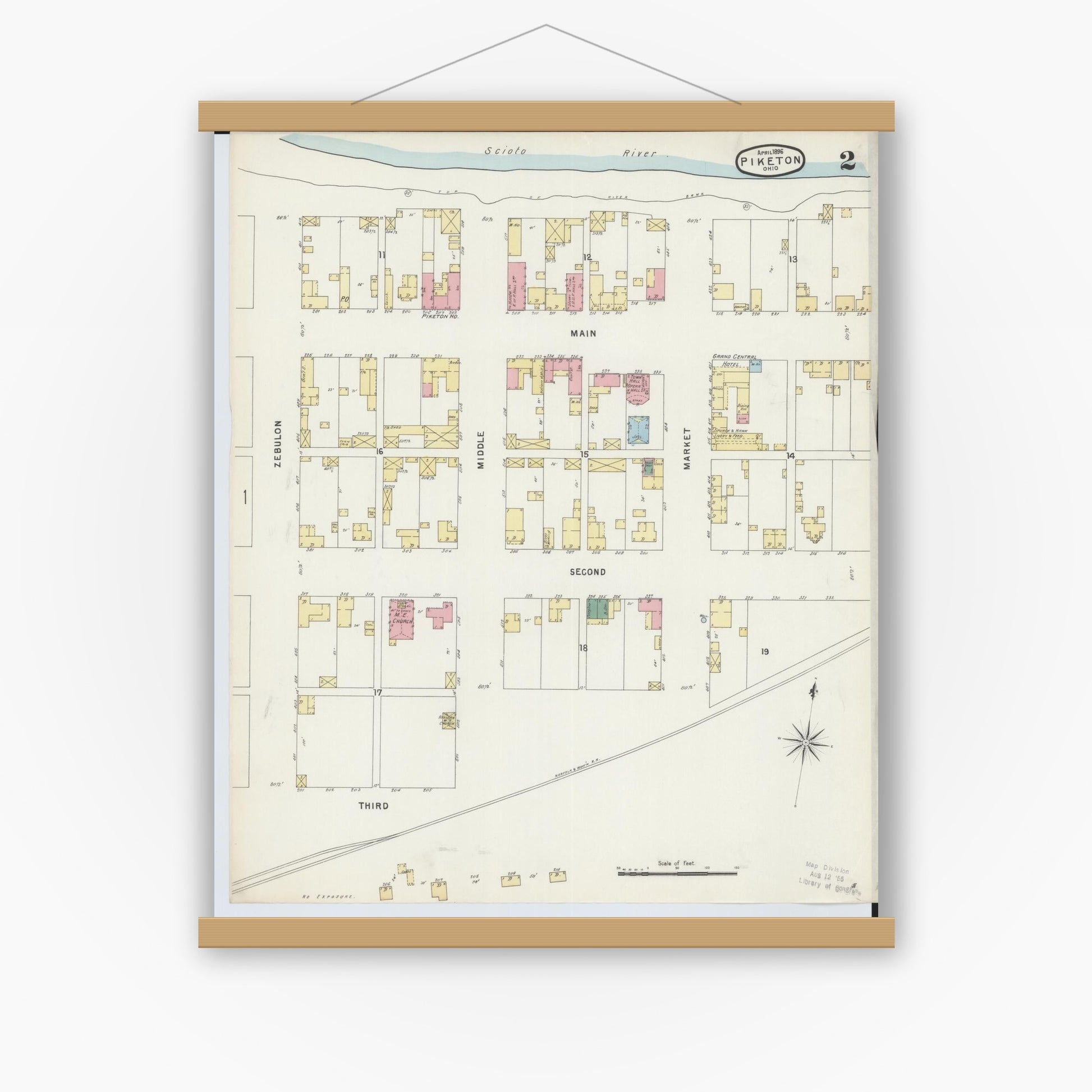 Old map wall art mockup — magnetic wood frame on white wall — Sanborn Fire Insurance Map from Piketon, Pike County, Ohio (1896), Sheet #0002