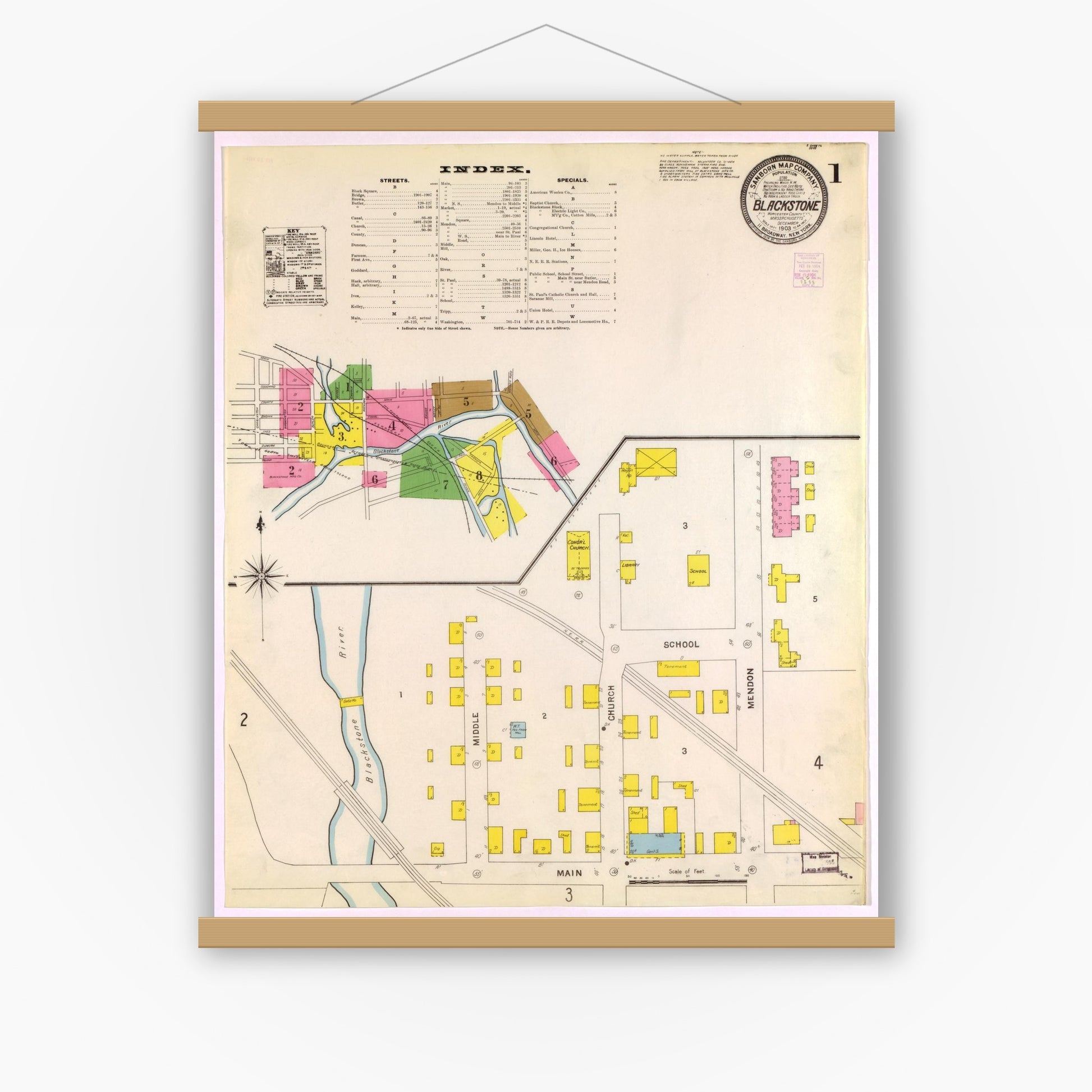 Old map wall art mockup — magnetic wood frame on white wall — Sanborn Fire Insurance Map from Blackstone, Worcester County, Massachusetts (1903), Sheet #0001