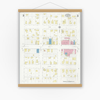 Old map wall art mockup — magnetic wood frame on white wall — Sanborn Fire Insurance Map from Edmore, Montcalm County, Michigan (1929), Sheet #0003