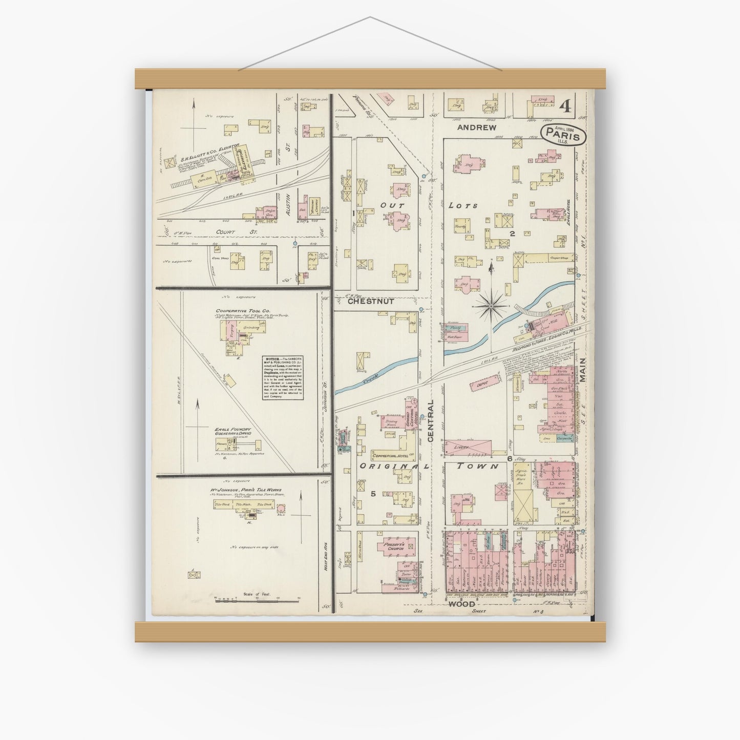 Old map wall art mockup — magnetic wood frame on white wall — Sanborn Fire Insurance Map from Paris, Edgar County, Illinois (1884), Sheet #0004