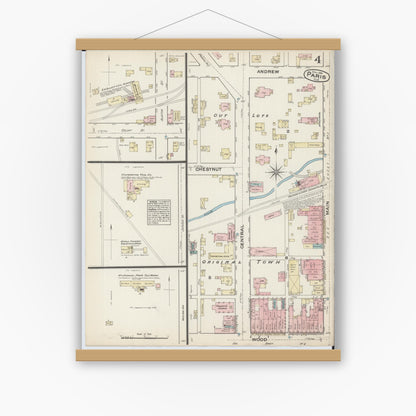 Old map wall art mockup — magnetic wood frame on white wall — Sanborn Fire Insurance Map from Paris, Edgar County, Illinois (1884), Sheet #0004