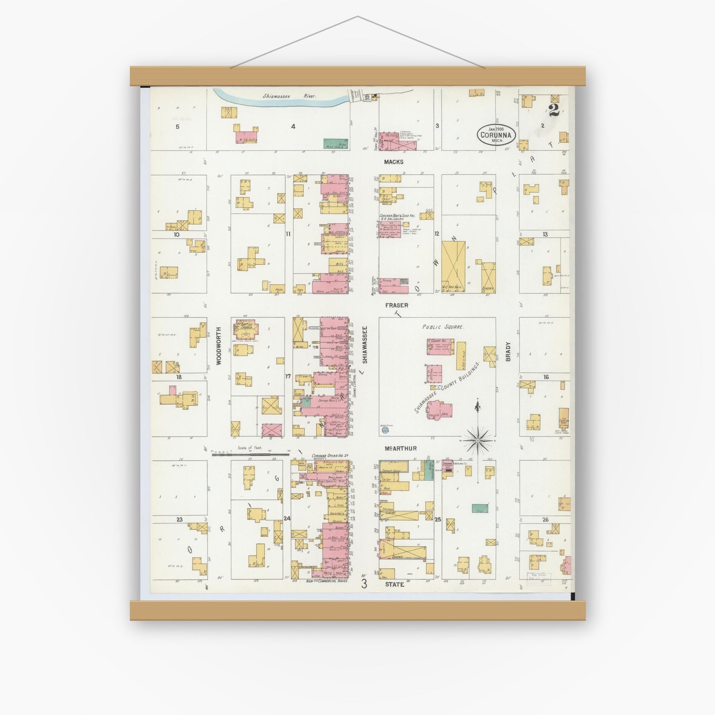 Old map wall art mockup — magnetic wood frame on white wall — Sanborn Fire Insurance Map from Corunna, Shiawassee County, Michigan (1900), Sheet #0002